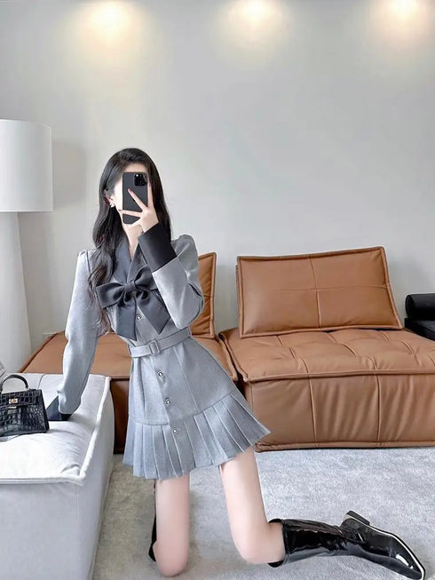 Bigリボン制服風グレーワンピース